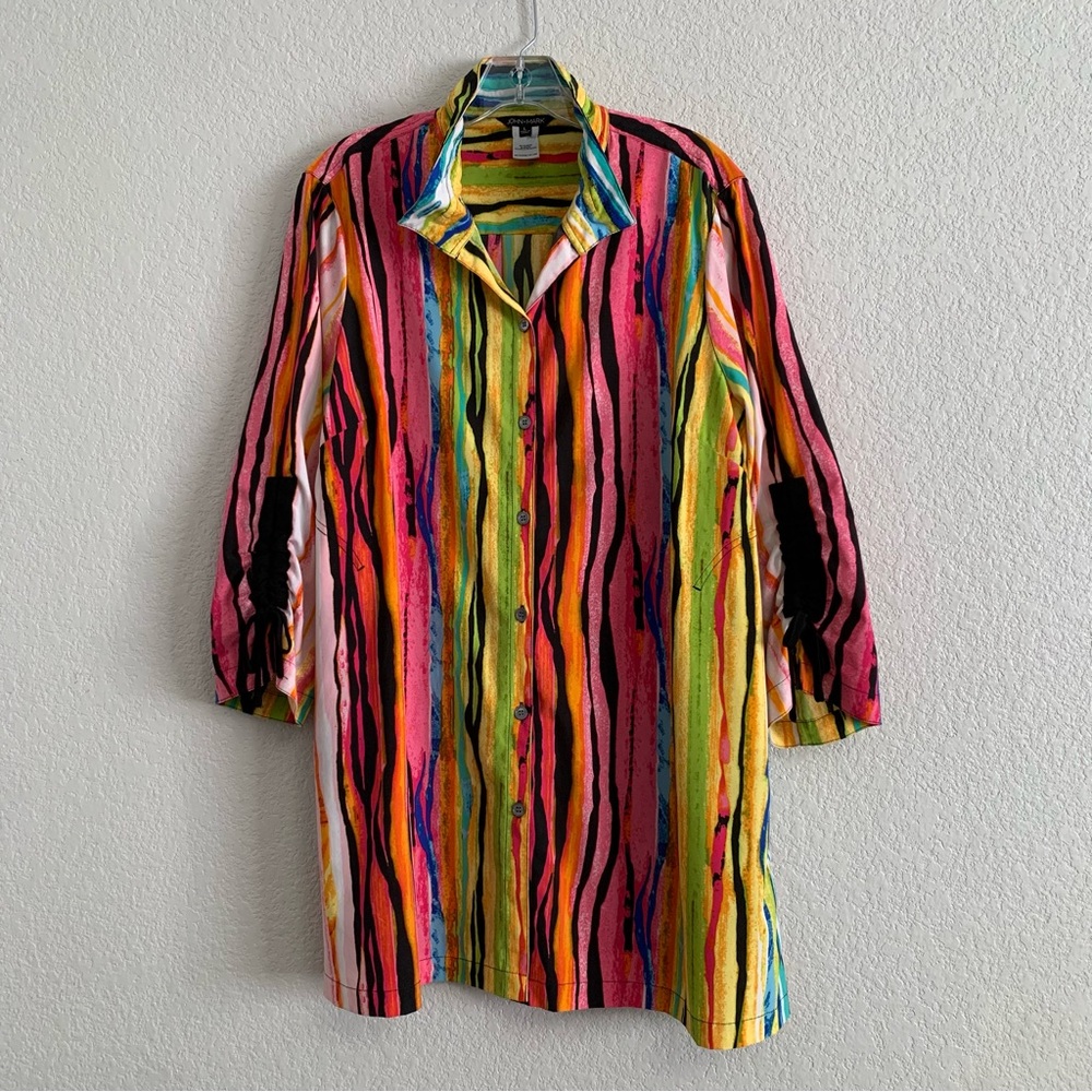 John Mark Tunic Top Blouse Womens L  Wired Collar Colorful Artsy Print Pockets